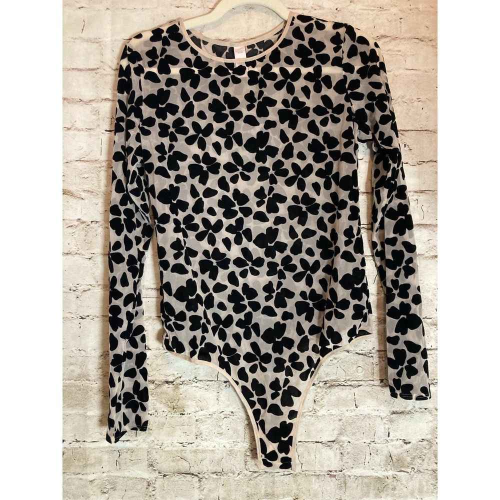 Victoria's Secret Bodysuit Large Beige & Black Florals Mesh & Velvet Sheer